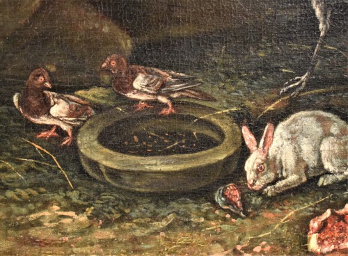 Antiquités - Cour de ferme avec des animaux et des Fleurs - École Flamande du XVIIe siècle